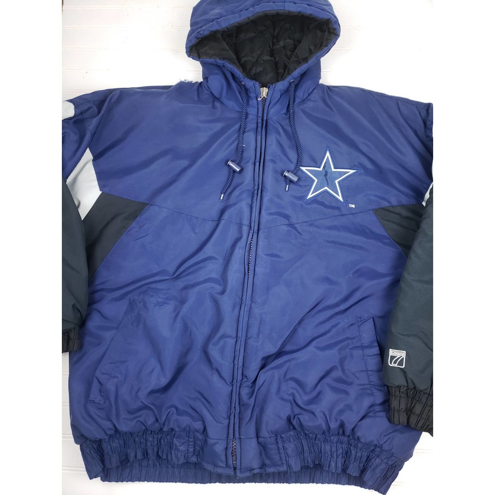 Logo7 Vinatge Dallas Cowboys Football Puffer Jacket Coat Blue Hooded Large